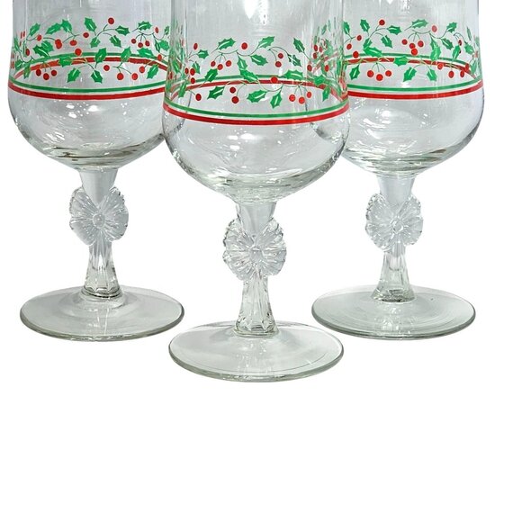 3 Arbys Christmas Bows Holly Water Wine Glasses 6.5" goblets 1980s bow stem - Picture 3 of 8